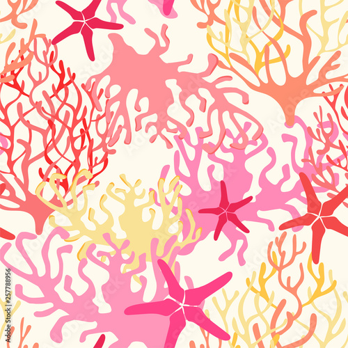 Coastal seamless repeat pattern with colorful corals and starfish