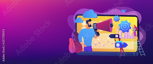 Tiny people, marketer with megaphone, consumers data analysis. Data driven marketing, consumer behaviour analysis, digital marketing trend concept. Header or footer banner template with copy space.