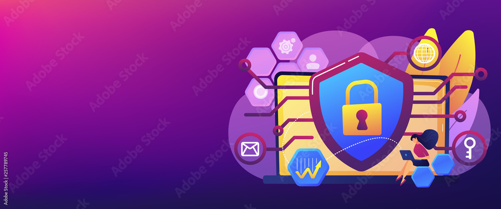 Privacy engineer at laptop with shield improving level of systems privacy. Privacy engineering, privacy-centric model, personal data defence concept. Header or footer banner template with copy space. Privacy engineer at laptop with shield improving level of systems privacy. Privacy engineering, privacy-centric model, personal data defence concept. Header or footer banner template with copy space.