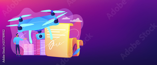 Businessman with drone reading document with regulations. Drone flying regulations, drone use limitations, unmanned aircraft rules concept. Header or footer banner template with copy space.