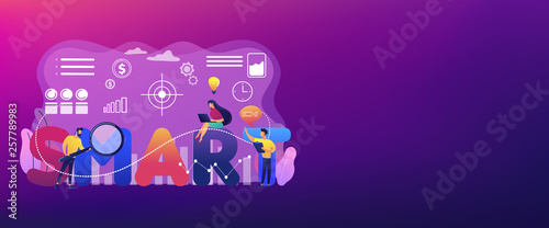 Tiny business people working on goals and sitting on smart word. SMART Objectives  objective establishment  measurable goals development concept. Header or footer banner template with copy space.