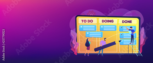 Tiny business people and manager at tasks and goals accomplishment chart. Task management, project managers tool, task management software concept. Header or footer banner template with copy space.