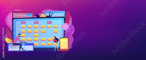Tiny people developers at laptop and customer requirements. Software requirement description, user case agile tool, business analysis concept. Header or footer banner template with copy space.