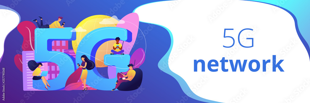 Obraz premium Tiny business people with mobile devices using 5g technology. 5g network, next generation connectivity, modern mobile communication concept. Header or footer banner template with copy space.