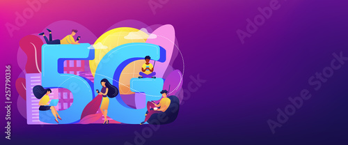 Tiny business people with mobile devices using 5g technology. 5g network  next generation connectivity  modern mobile communication concept. Header or footer banner template with copy space.