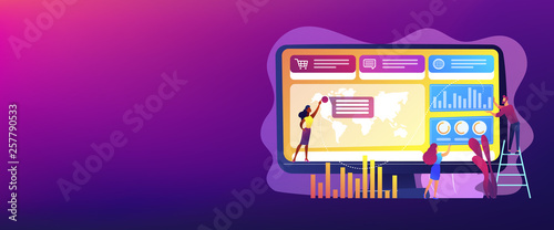 Tiny business people build dashboard and analyze statistics. Dashboard service, online reporting mechanism, key performance indicators concept. Header or footer banner template with copy space.