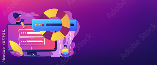 Tiny people programmers with laptops save data on backup server with lifebuoy. Backup server, online backup storage, secondary system server concept. Header or footer banner template with copy space.
