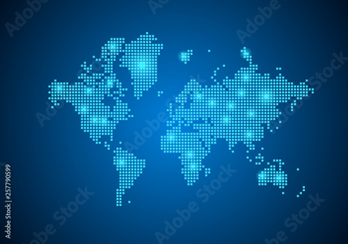 Abstract blue background with map  internet line  connected points. map with dot nodes. Global network connection concept. Wire frame 3D mesh polygonal network line. vector.