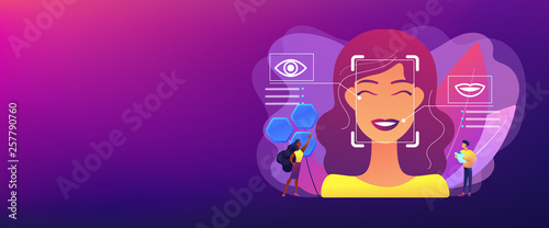 Tiny people scientists identify womans emotions from voice and face. Emotion detection, emotional state recognizing, emo sensor technology concept. Header or footer banner template with copy space.