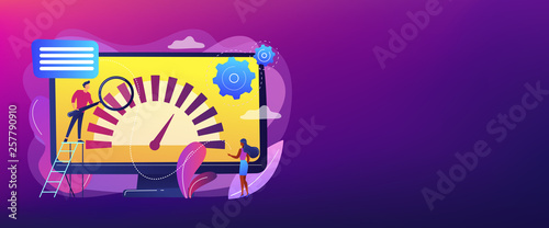 Tiny business people look at product performance indicator. Benchmark testing, benchmarking software, product performance indicator concept. Header or footer banner template with copy space.