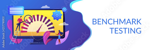 Tiny business people look at product performance indicator. Benchmark testing, benchmarking software, product performance indicator concept. Header or footer banner template with copy space.