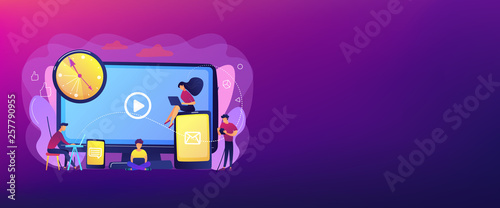 Tiny business people watching at digital devices screens and clock. Screen addiction, digital overload, information overload implications concept. Header or footer banner template with copy space.