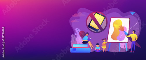 Tiny people parents paint and read books with children and no smartphone sign. Low tech parenting, tech-free kids, low media child concept. Header or footer banner template with copy space.