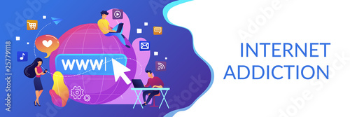 Tiny business people with digital devices at big globe surfing internet. Internet addiction, real-life substitution, living online disorder concept. Header or footer banner template with copy space.