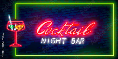 Cocktail neon sign vector design template. Night Club neon frame light banner design element, colorful modern design trend, night bright advertising, bright sign. Vector illustration
