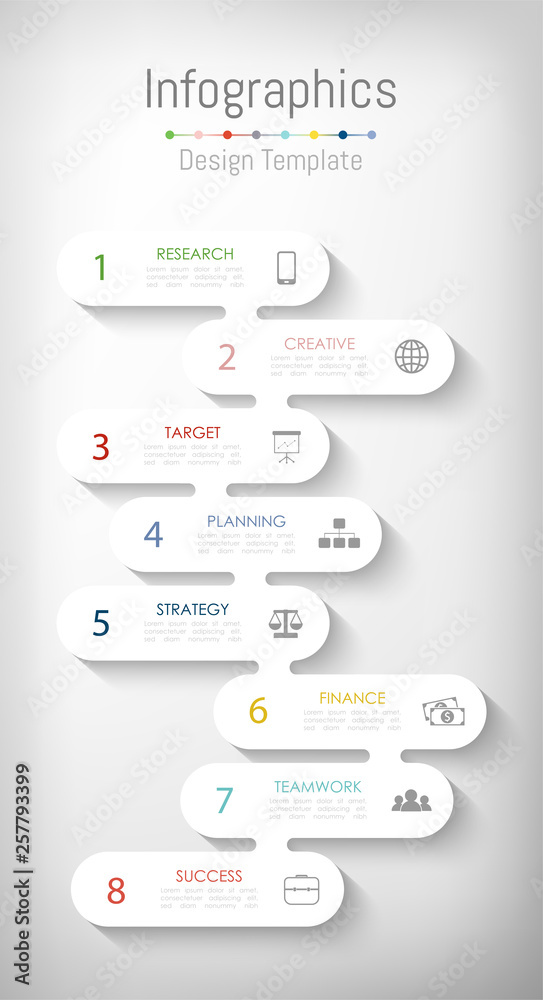 Fototapeta premium Infographic design elements for your business data with 8 options, parts, steps, timelines or processes. Vector Illustration.