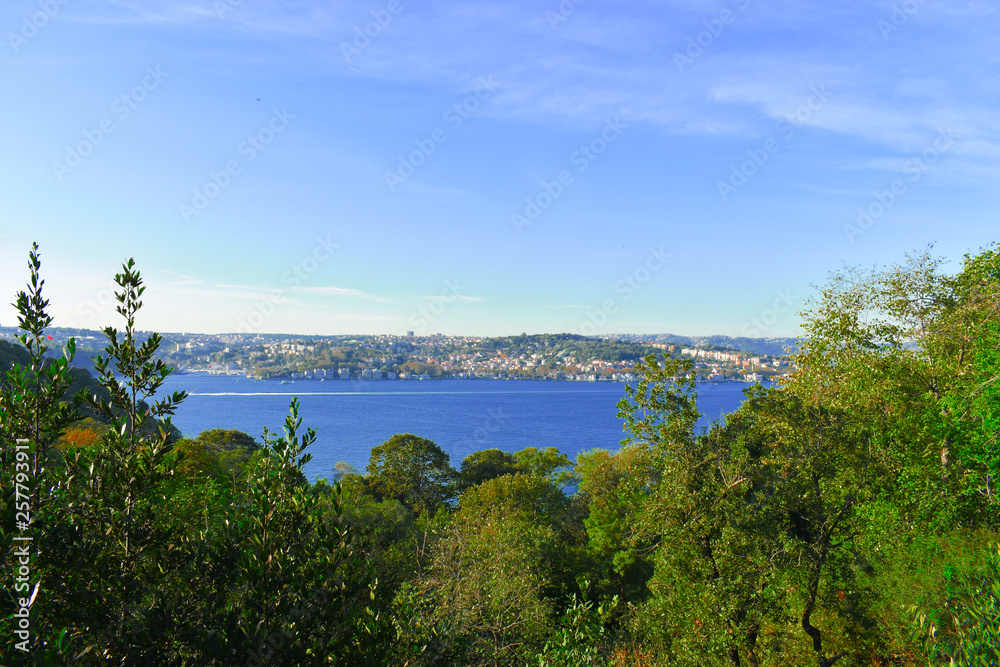 istanbul strait landscape. Wide panoramic landscape of Bosphorus strait and Istanbul.