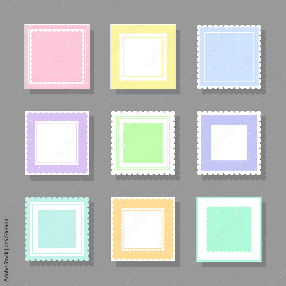 Collection of square cute frames. It are filled with a pattern in polka dots and also decorated with frills. Suitable for girls and children Collection of square cute frames. It are filled with a pattern in polka dots and also decorated with frills. Suitable for girls and children