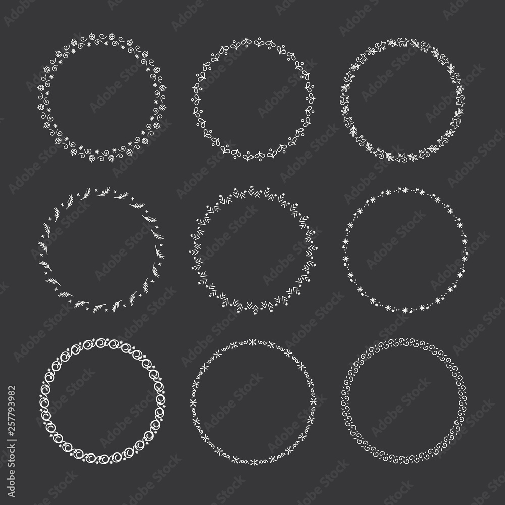 Holiday collection of vector graphic circle frames. Wreaths for Christmas design