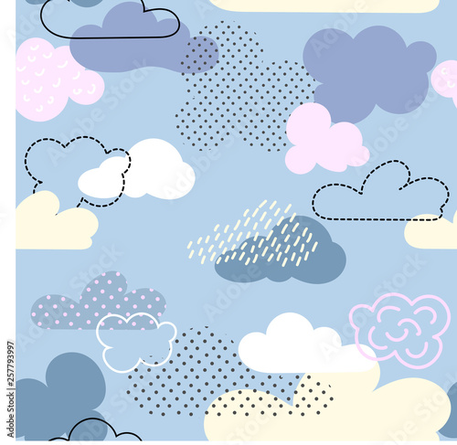 Seamless pattern with bright cartoon clouds. It is executed by means of graphic receptions: various textures, spots, strips, contours. Great for prints, textiles, covers, gift wrappers, backdrops