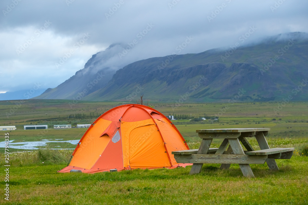 Holiday camping in Iceland , View of tent camping as a mountain background in Iceland