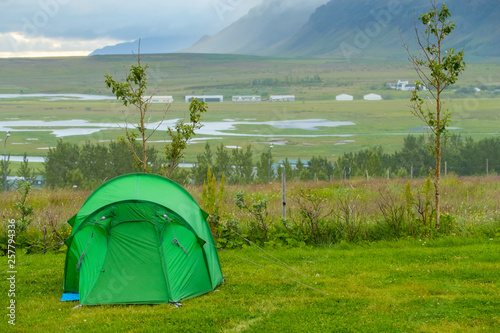 Holiday camping in Iceland , View of tent camping as a mountain background in Iceland