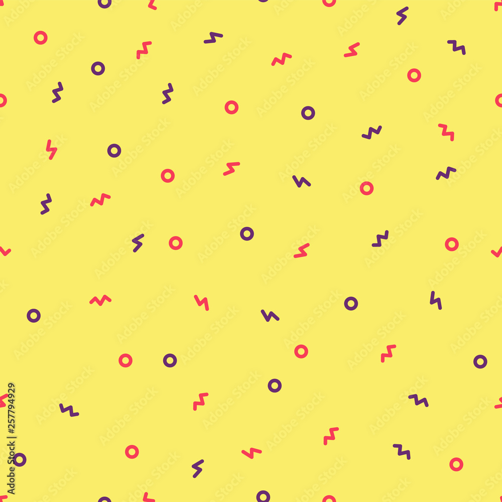 violet and red memphis on pale yellow seamless pattern