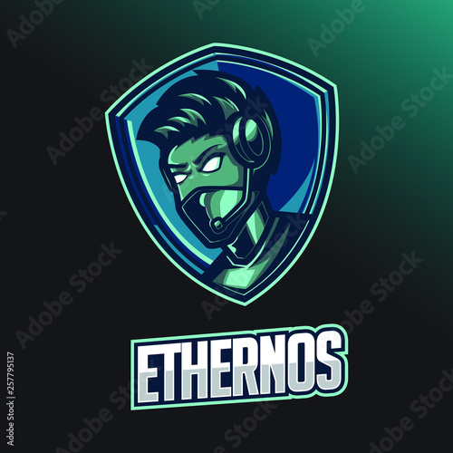 Male gamer e-sport logo design template with headphone 