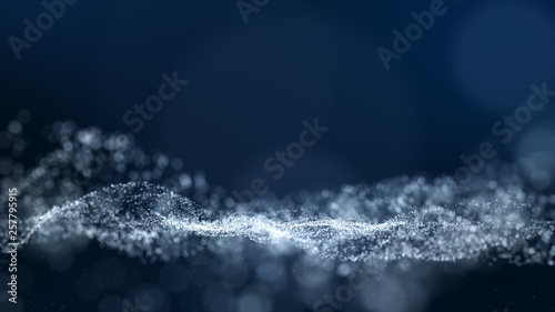 blue background, digital signature with wave particles, sparkle, veil and space with depth of field. The particles are white light lines. © kokotewan