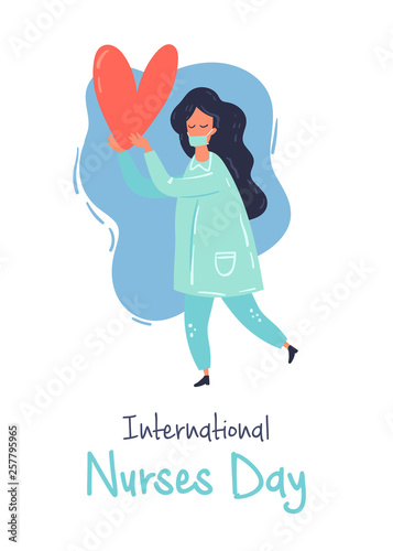Nurse character with the strong heart vector flat design illustration. International nurses day greeting card. 