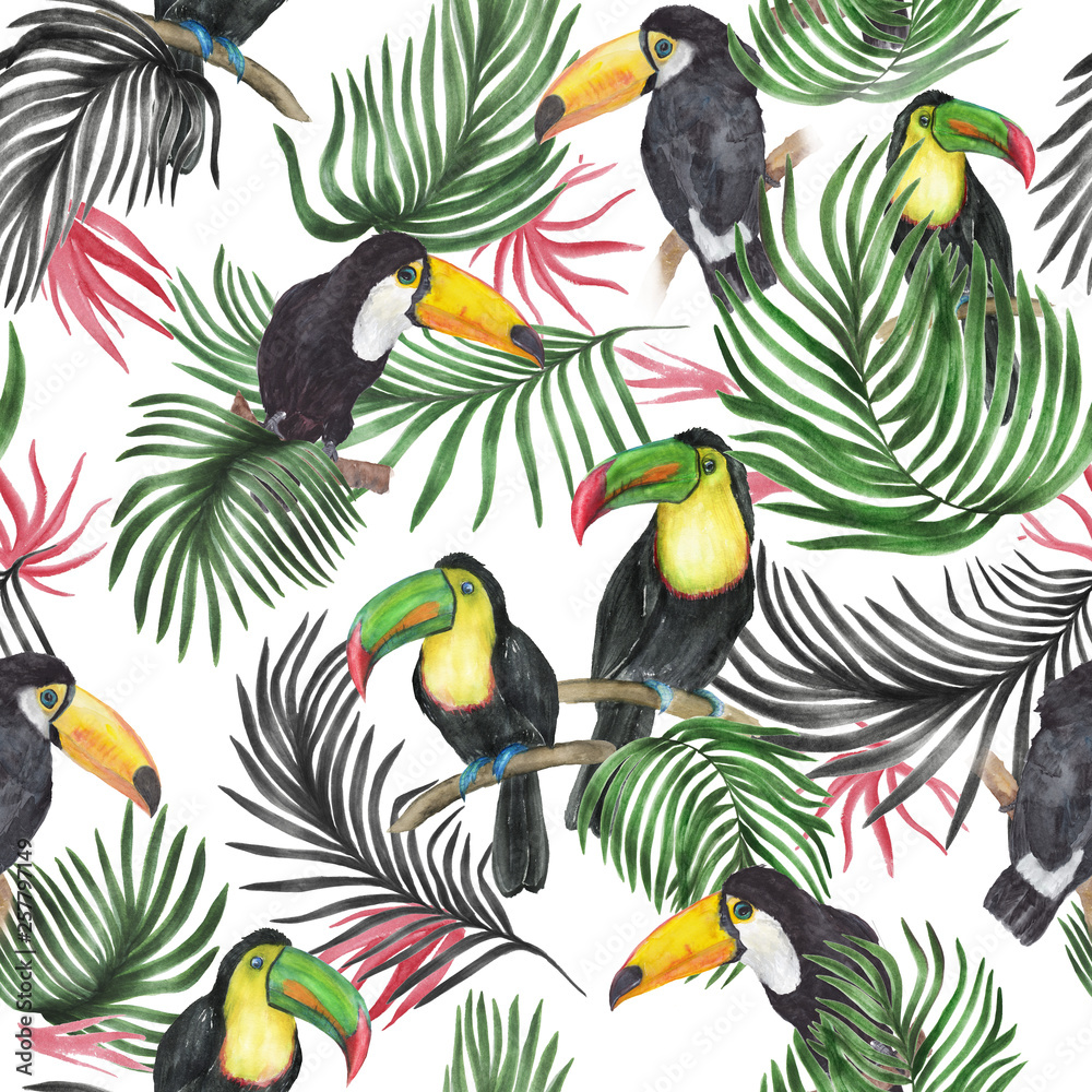 Watercolor painting seamless pattern with toucan birds and tropical palm leaves