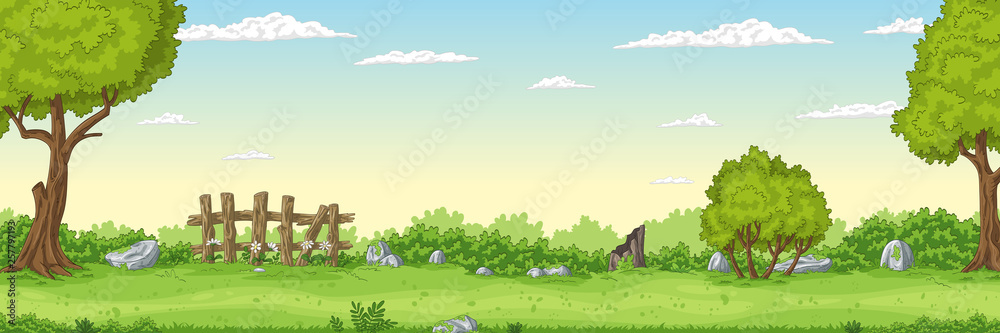 Panorama summer landscape with fence and trees Panorama summer landscape with fence and trees