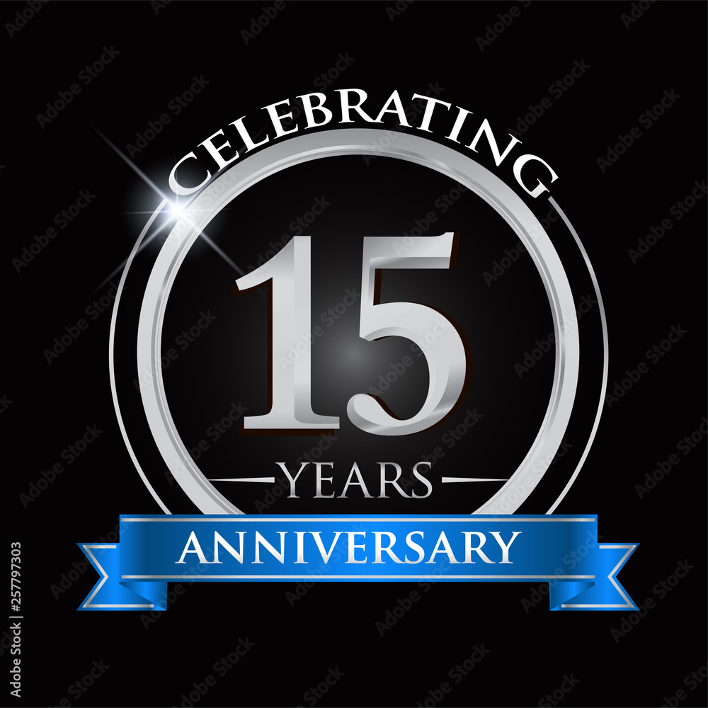 Celebrating 15 years anniversary logo. with silver ring and blue ribbon. Celebrating 15 years anniversary logo. with silver ring and blue ribbon.