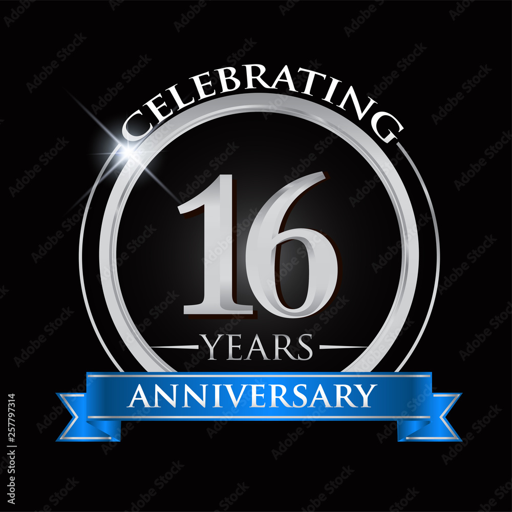 Celebrating 16 years anniversary logo. with silver ring and blue ribbon.