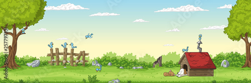 Panorama summer landscape with sleeping dog and cat, fence and trees