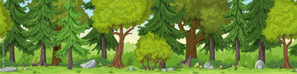 Seamless forest summer landscape with separate layers.
