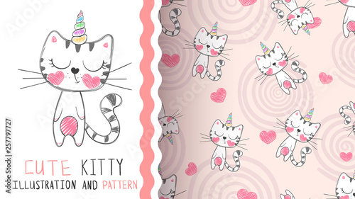Cute kitty unicorn - seamless pattern.