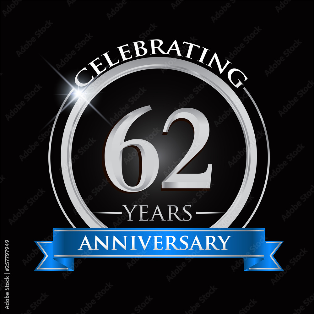 Celebrating 62 years anniversary logo. with silver ring and blue ribbon. Celebrating 62 years anniversary logo. with silver ring and blue ribbon.