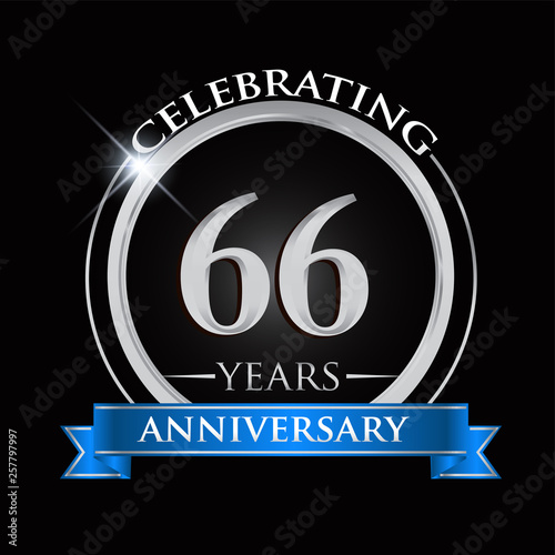 Celebrating 66 years anniversary logo. with silver ring and blue ribbon.