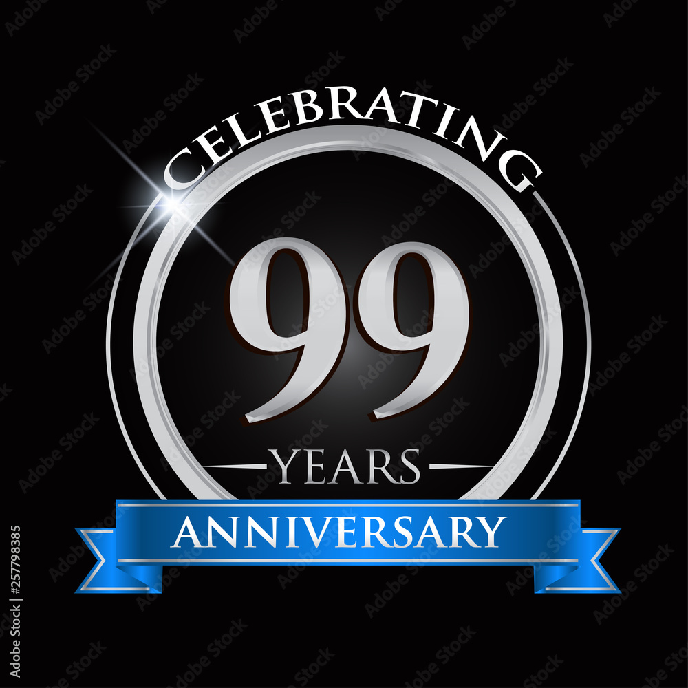 Celebrating 99 years anniversary logo. with silver ring and blue ribbon. Celebrating 99 years anniversary logo. with silver ring and blue ribbon.