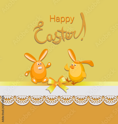 Funny Easter bunny and chick. Happy easter. Yellow-orange background with lace. Poster, card with funny characters, bow and lace. Design for textiles, gift bags.