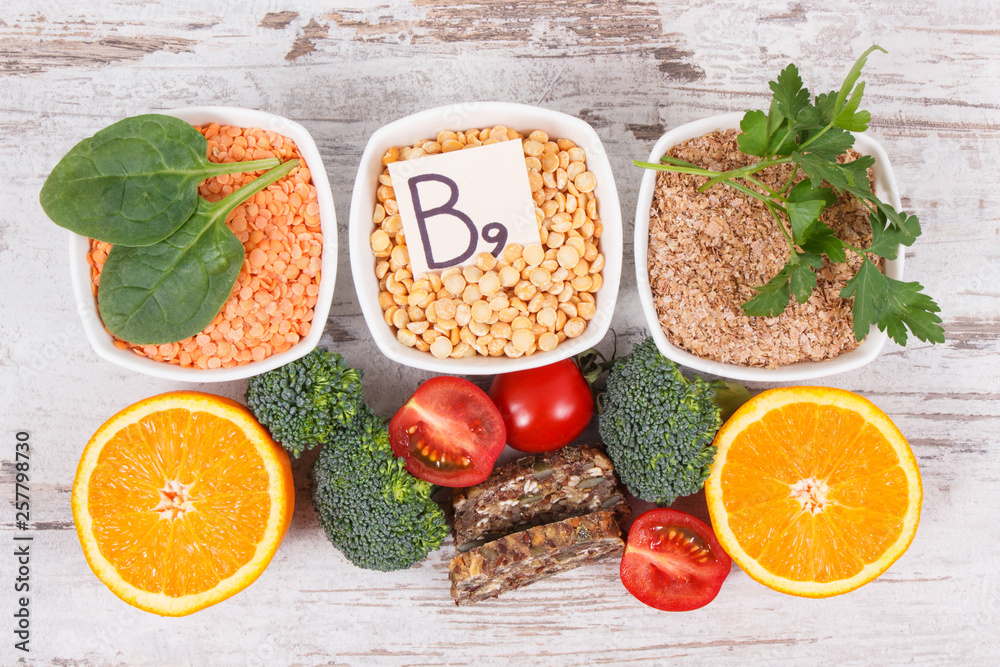 Nutritious different ingredients containing vitamin B9, natural minerals and folic acid, healthy nutrition Nutritious different ingredients containing vitamin B9, natural minerals and folic acid, healthy nutrition