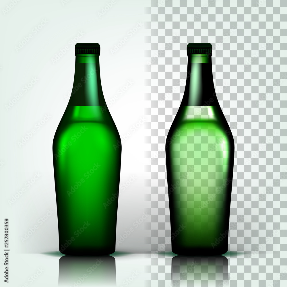 Beer Bottle Vector. Craft Cold Drink. Brewery Poster. Pub Refreshment. Green. 3D Transparent Isolated Realistic Illustration