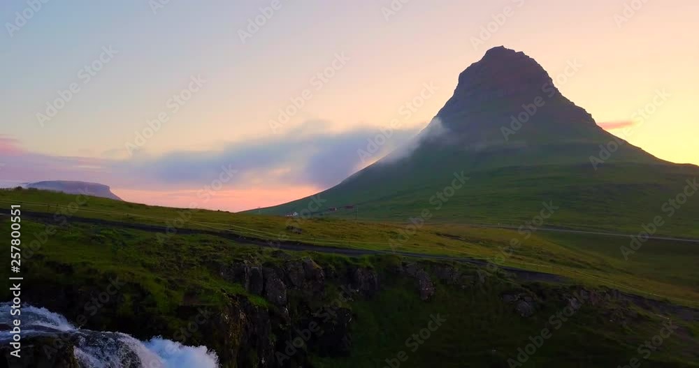 Aerial view shot in the morning of Kirkjufell mountain at summer in western Iceland, Concept Travel destinations Aerial view shot in the morning of Kirkjufell mountain at summer in western Iceland, Concept Travel destinations