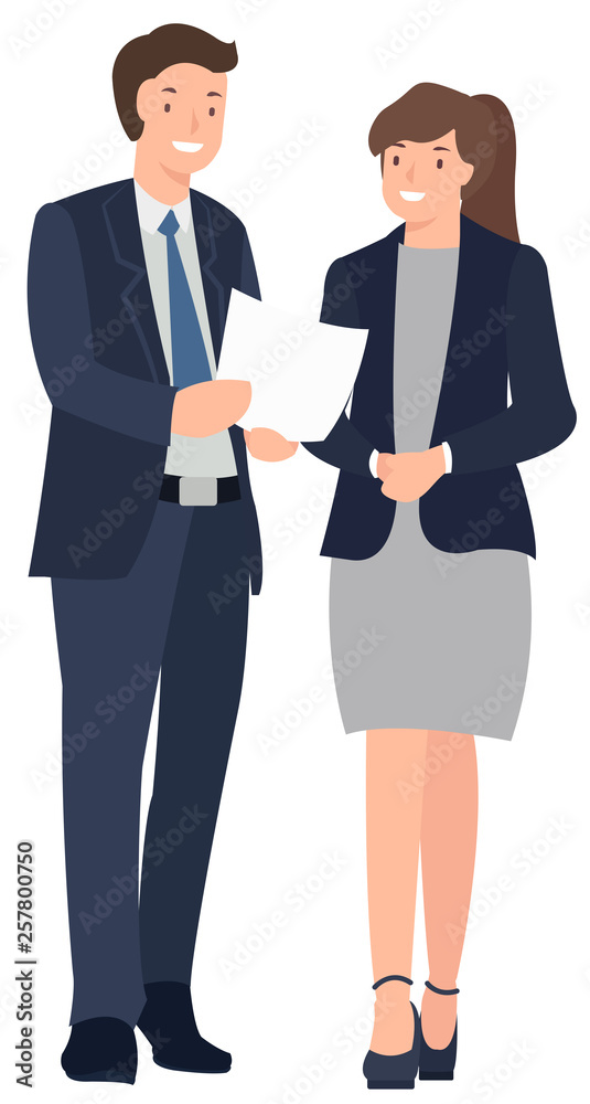 Cartoon people character design business man and woman standing talking cheerfully. Cartoon people character design business man and woman standing talking cheerfully.