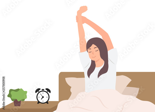 Cartoon people character design woman stretching after sleep resting in bed in the lovely morning