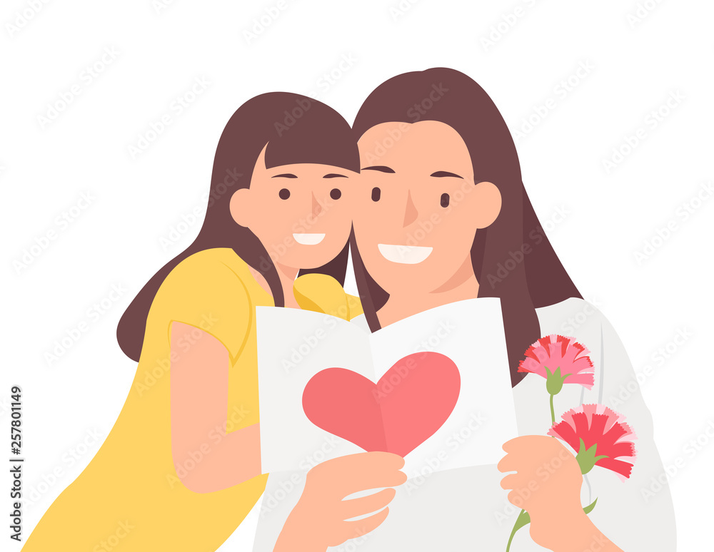 Cartoon people character design happy mother's day daughter and mom  cheerfully watching celebration card Stock Vector | Adobe Stock