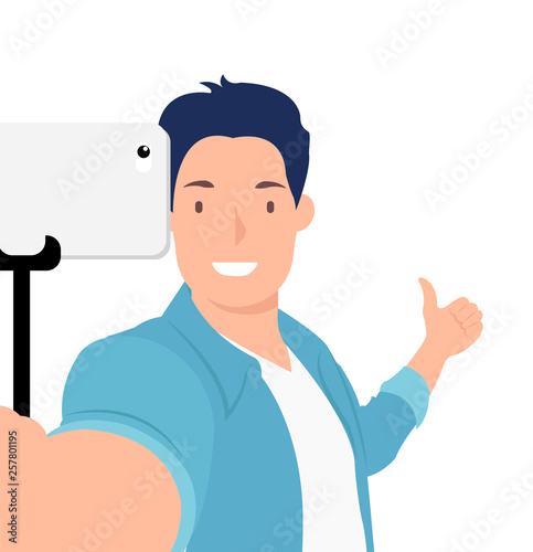 Cartoon people character design handsome young man taking selfie photos with thumb up