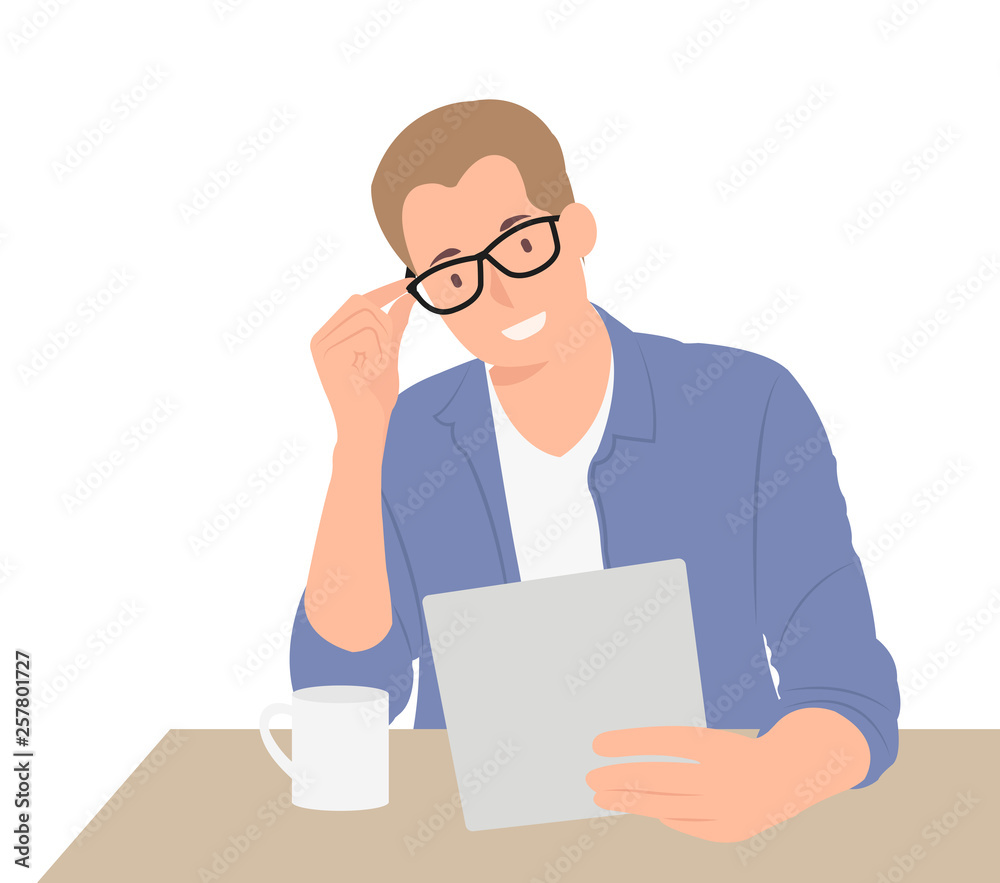 Cartoon people character design handsome businessman in shirt and glasses using digital tablet in a coffee shop Cartoon people character design handsome businessman in shirt and glasses using digital tablet in a coffee shop