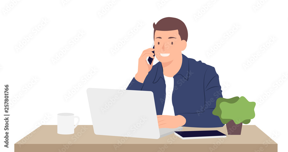 Cartoon people character design young man working on laptop and talking on the mobile phone while sitting by the desk in the office Cartoon people character design young man working on laptop and talking on the mobile phone while sitting by the desk in the office